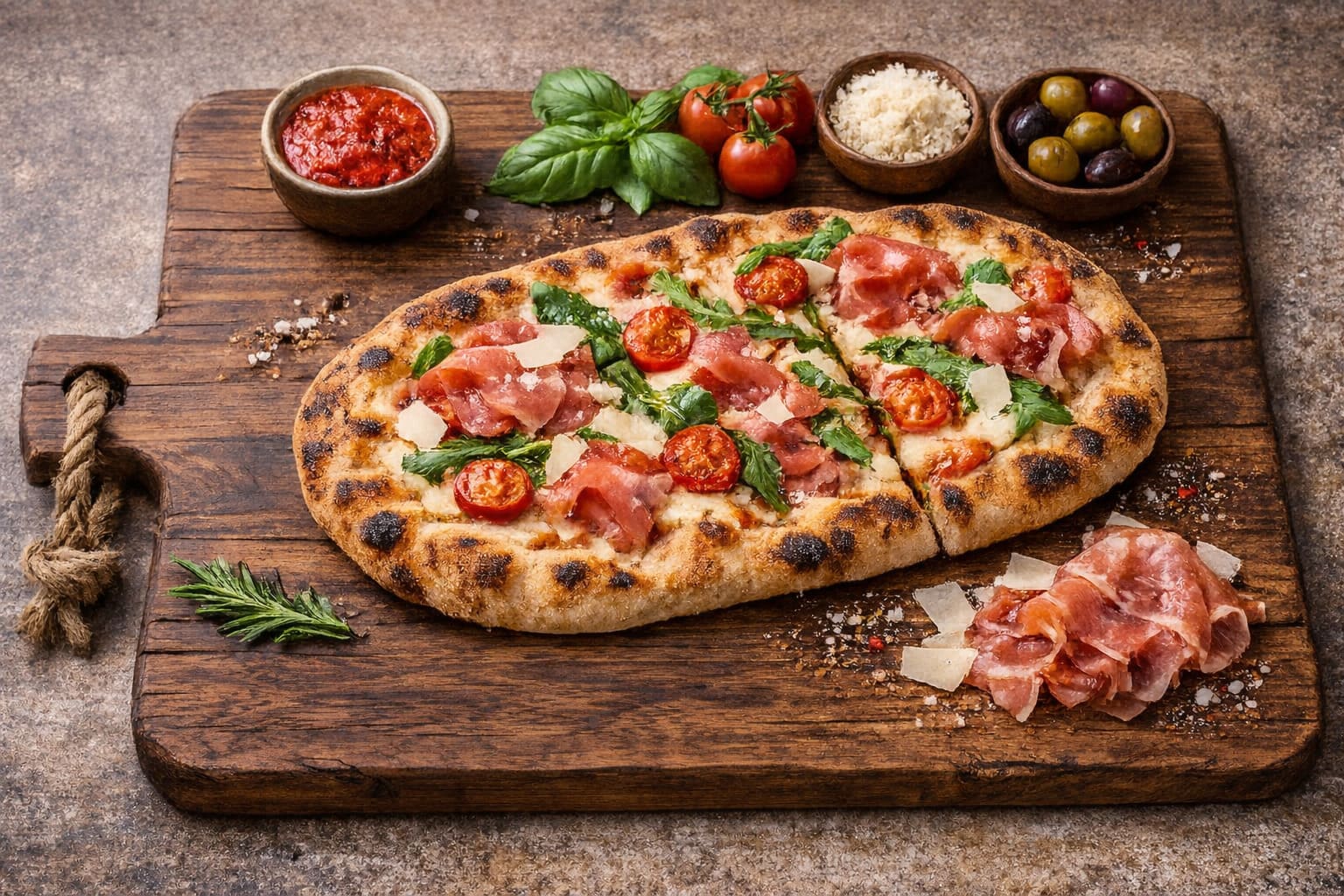 Tagliere di legno ovale con pinsa romana condita pronta da servire